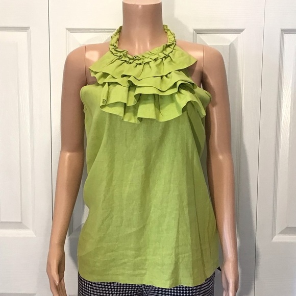 (2) Tweeds Womens Sleeveless Tan & Green Ruffled Linen Halter Tops Size Medium - Picture 5 of 7